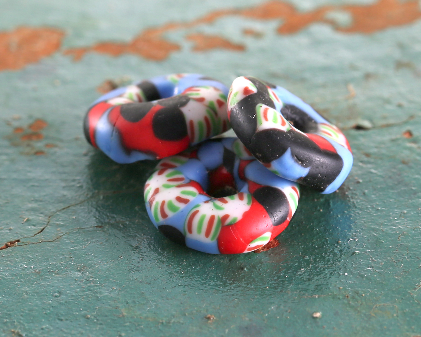 African Recycled Glass & Seed Bead Sky Blue w/ Red & Black Donut 4-5x13-14mm