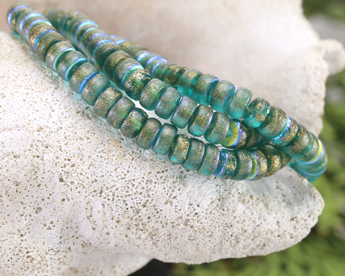 Czech Glass Textured Aquamarine AB w/ Gold Wash Heishi 3x6mm