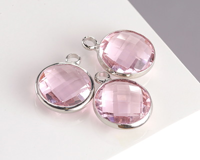 Rose Pink Crystal Round Drop in Silver Finish Bezel 12.8x16.5mm
