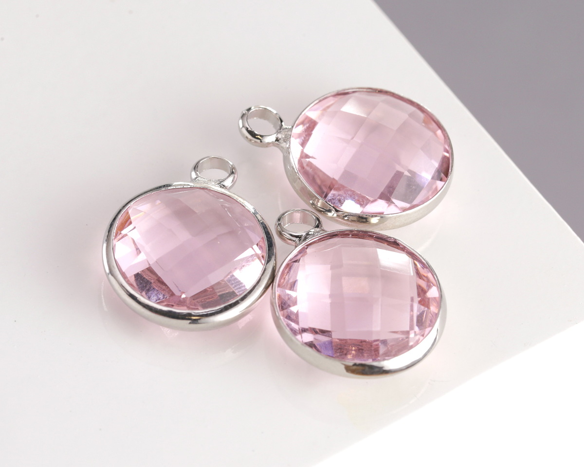 Rose Pink Crystal Round Drop in Silver Finish Bezel 12.8x16.5mm