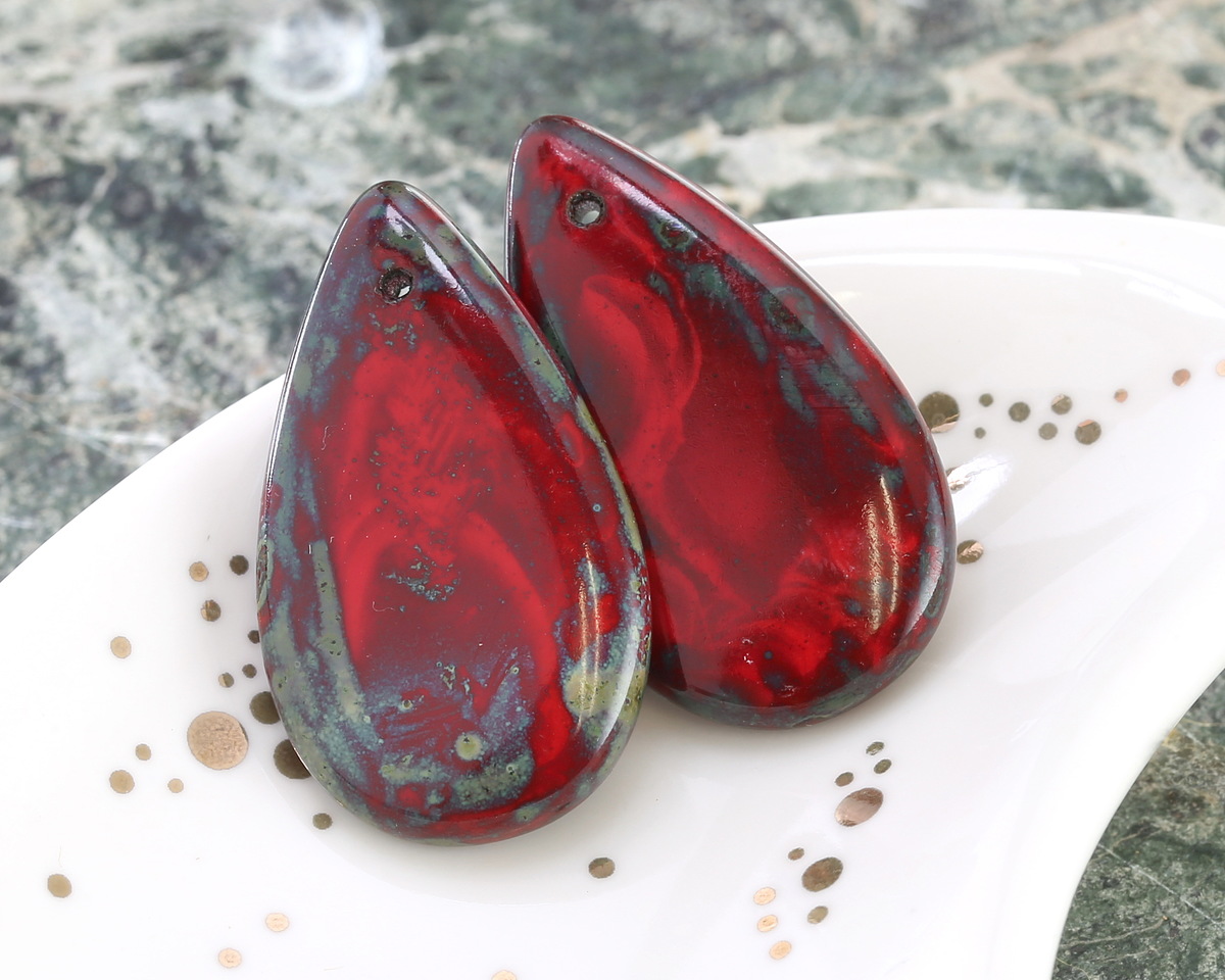 Czech Glass Red Picasso Teardrop 18x30mm