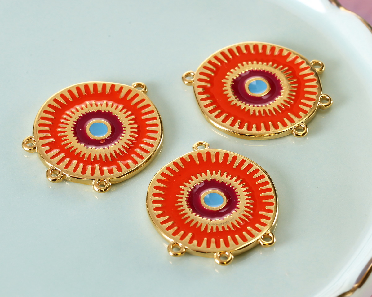 24K Gold (plated) Hyacinth, Plum & Turquoise Enamel Radiating Sun 1-3 Chandelier Focal Link 26x32mm