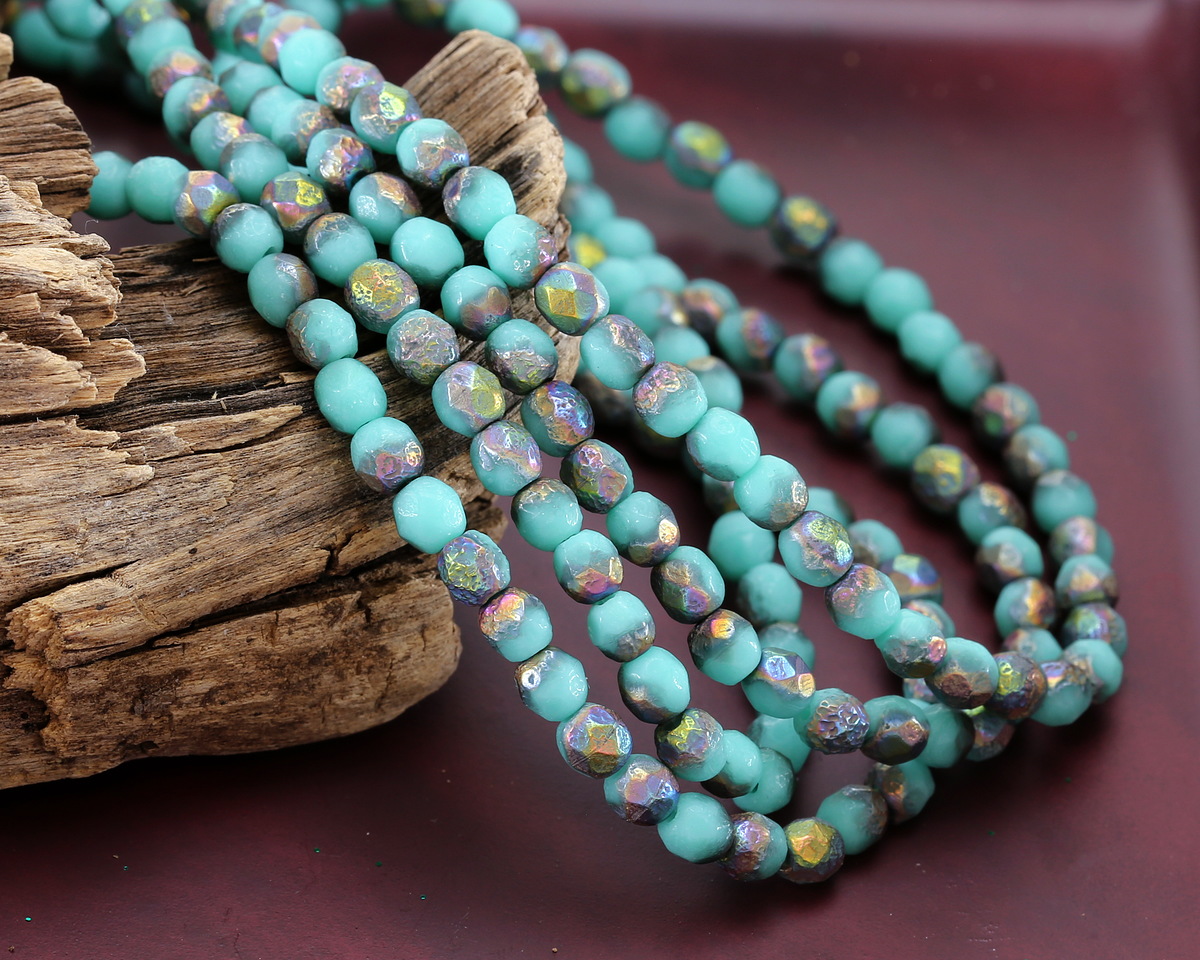Czech Glass Textured Blue Turquoise w/ Vitrail Fire Polished Round 4mm