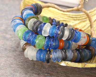 African Recycled Glass Multi Blue/Orange/Green Mini Donut 11-13mm