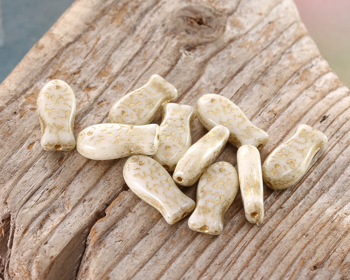 Czech Glass Lustered Bisque w/ Gold Goldfish 14x7mm