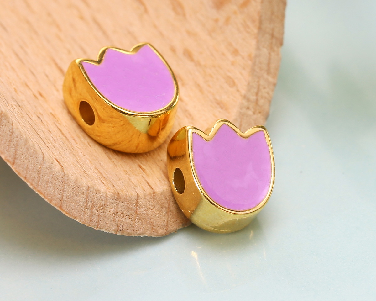 24K Gold (plated) Lilac Enamel Tulip Bead 7.5x9mm