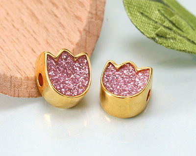 24K Gold (plated) Lilac Glitter Enamel Tulip Bead 7.5x9mm