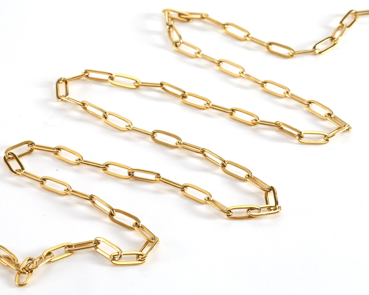Waterproof 18K Gold PVD Plated Stainless Steel Flat Paperclip Chain, 11x4mm links, 25ft Spool