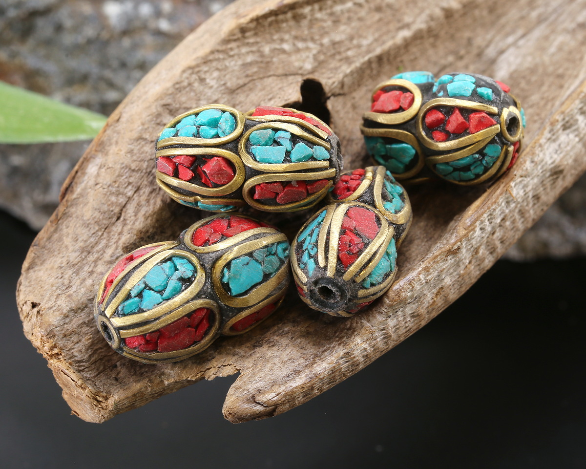 Nepalese Brass w/Coral & Turquoise Peanut Bead 18-21x11-12mm