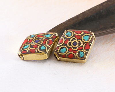 Nepalese Brass w/ Floral Turquoise & Coral Mosaic Diamond Focal Bead 20-21x17-18mm