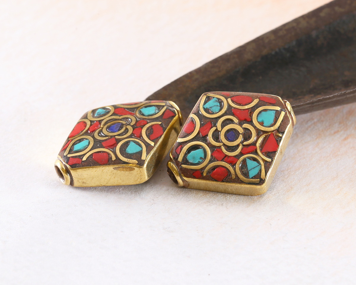 Nepalese Brass w/ Floral Turquoise & Coral Mosaic Diamond Focal Bead 20-21x17-18mm