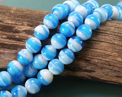 Aqua & White Swirl Lampwork Glass Round 10mm