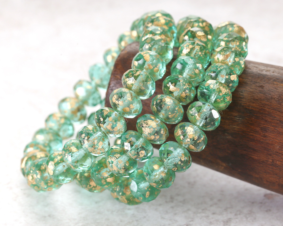 Czech Glass Aquamarine w/ Gold Flecks Fire Polished Rondelle 6x9mm