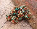 Nepalese Brass w/ Turquoise & Coral Mosaic w/ Rings Saucer Bead 9x11mm