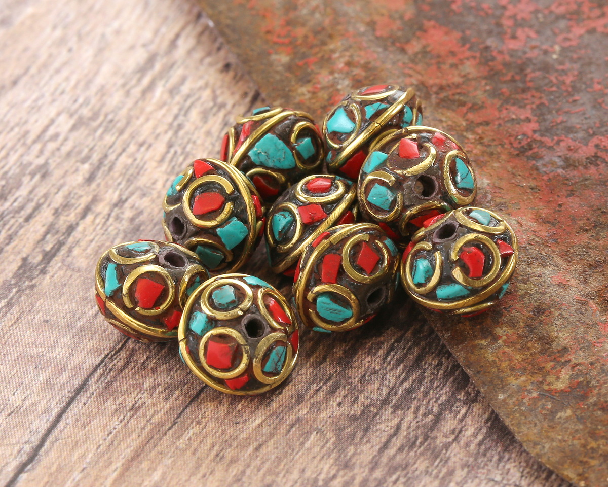 Nepalese Brass w/ Turquoise & Coral Mosaic w/ Rings Saucer Bead 9x11mm