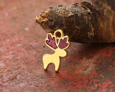 24K Gold (plated) Cherry Red Enamel w/ Glitter Reindeer Pendant 10x16mm