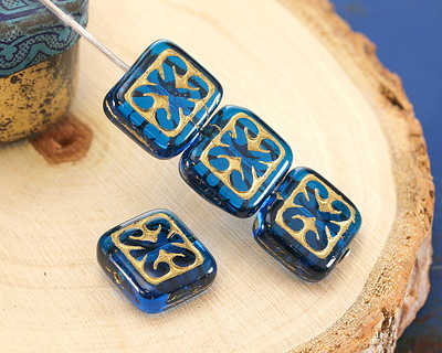 Czech Glass Capri Blue w/ Gold Ornamental Rectangle 11x12mm