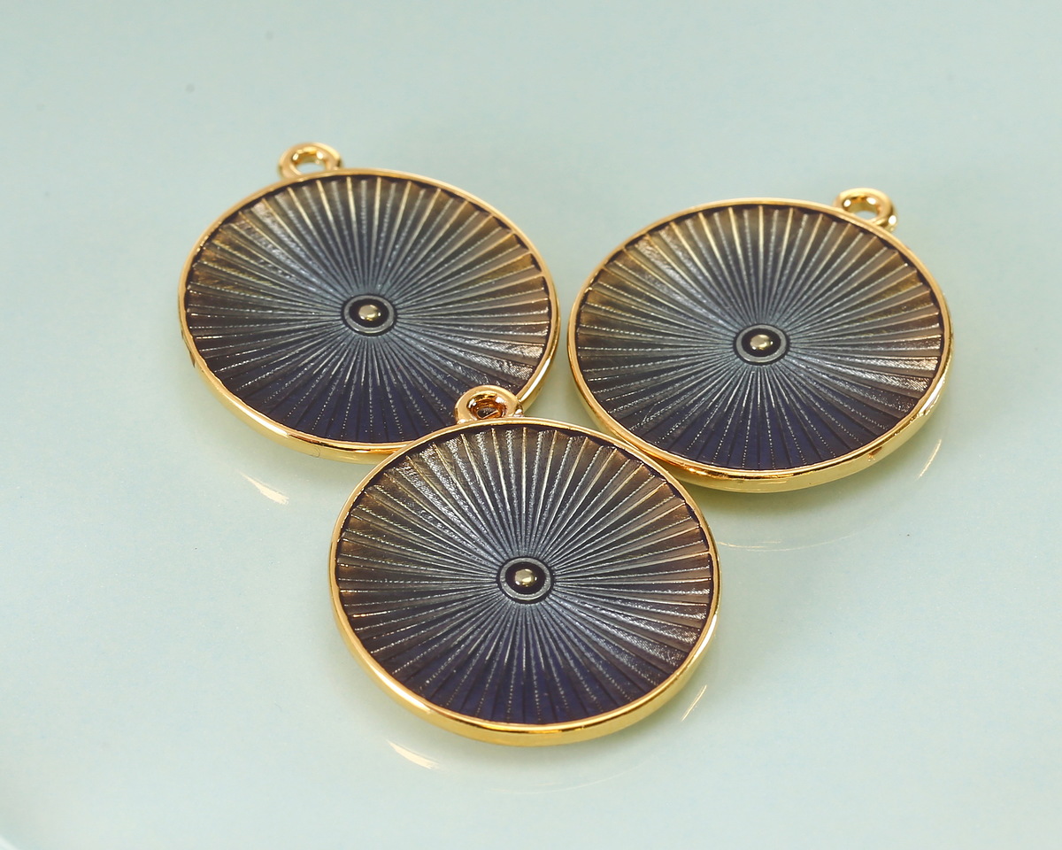 24K Gold (plated) Transparent Storm Gray Enamel Round Radiant Focal 20x23mm