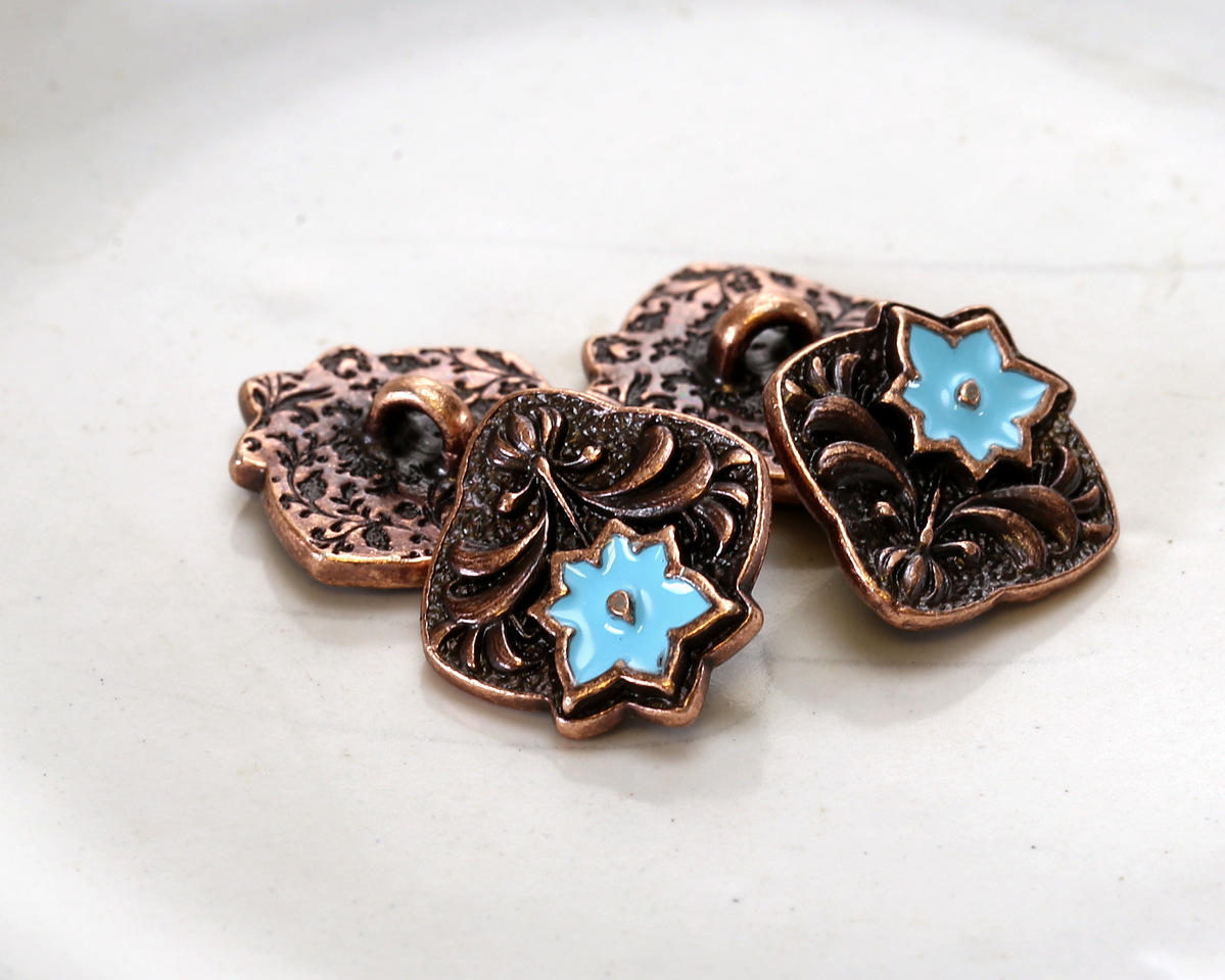 TierraCast Antique Copper (plated) Light Sky Blue Enamel Flower Square Button 14x15mm