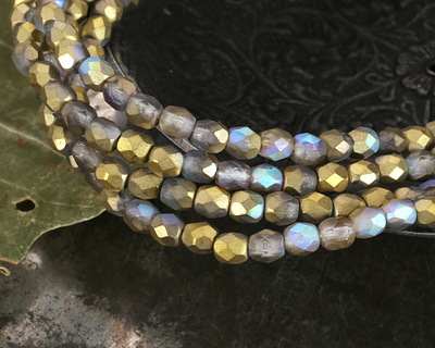 Czech Glass Matte Black Diamond w/ Gold AB Fire Polished Round 4mm