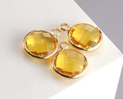 Yellow Crystal Round Drop in Gold Finish Bezel 12.8x16.5mm