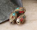 Nepalese Brass w/ Turquoise & Coral Mosaic Plumes Barrel Bead 13x8mm