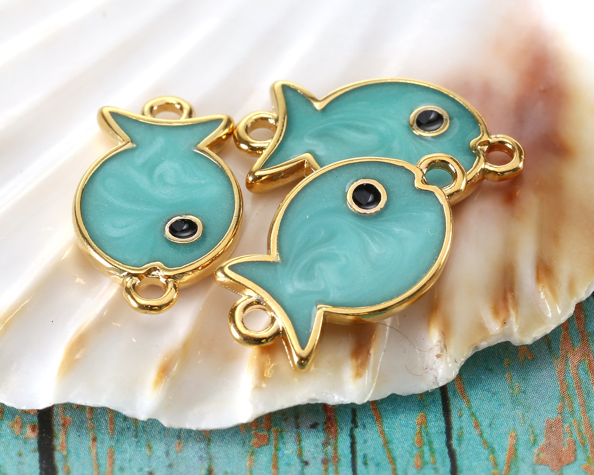 24K Gold (plated) Turquoise Pearl Enamel Fish Focal Link 19x11mm