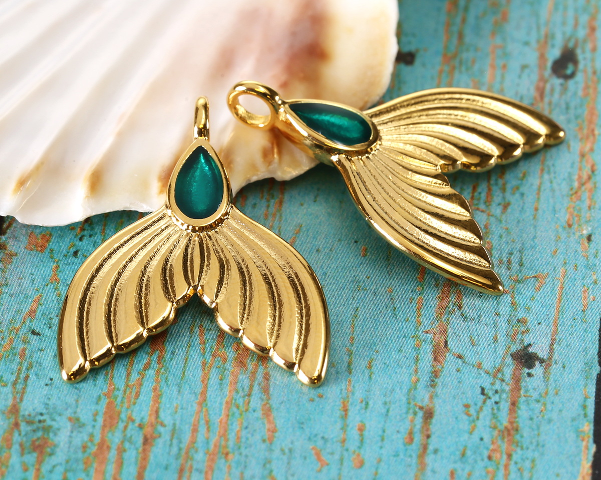 24K Gold (plated) Transparent Emerald Enamel Mermaid Tail Focal 24x30mm