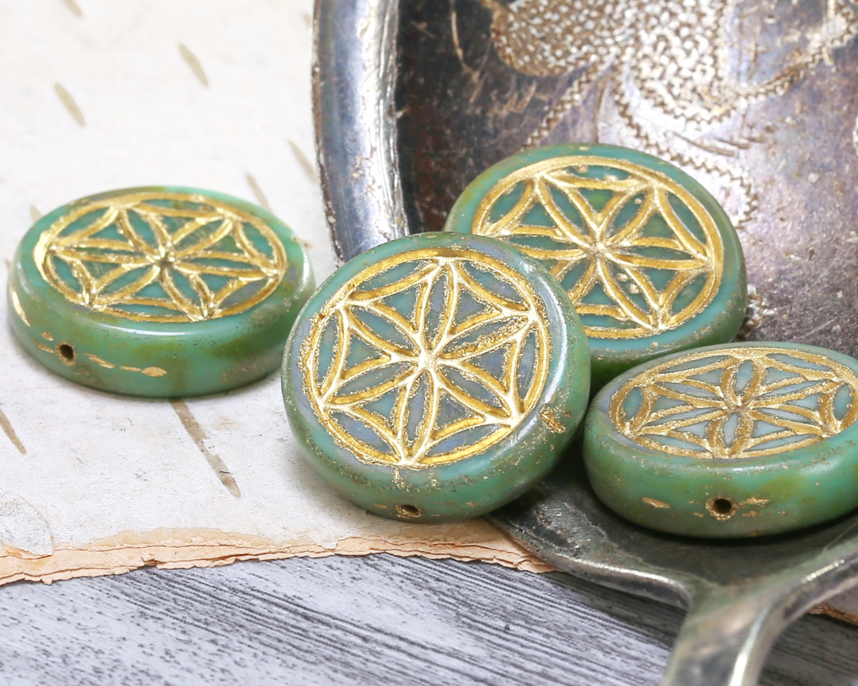 Czech Glass Green Turquoise Picasso w/ Gold Flower of Life Geometry Coin 19mm