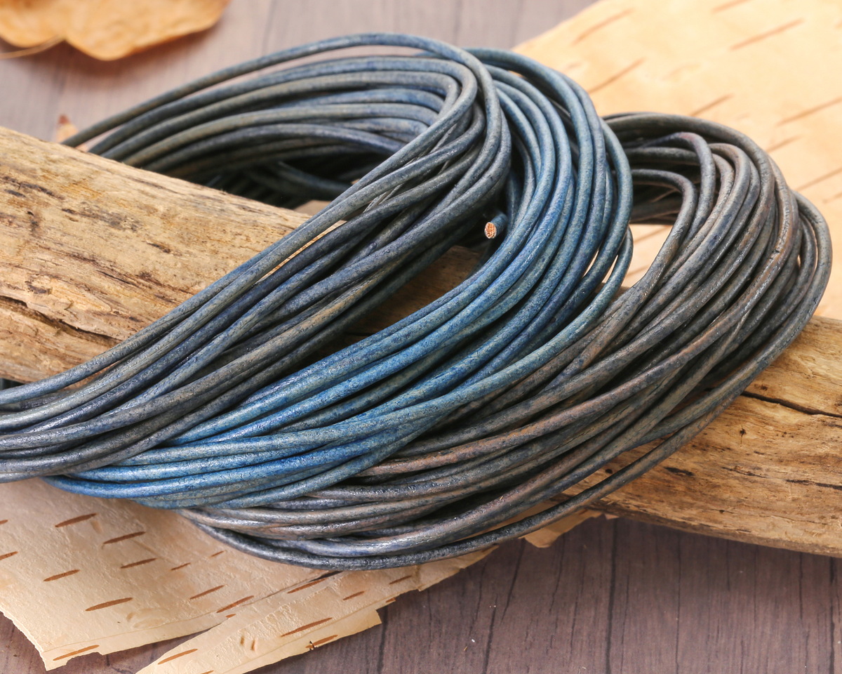 Natural Pacific Blue Round Leather Cord 2mm, 16 feet