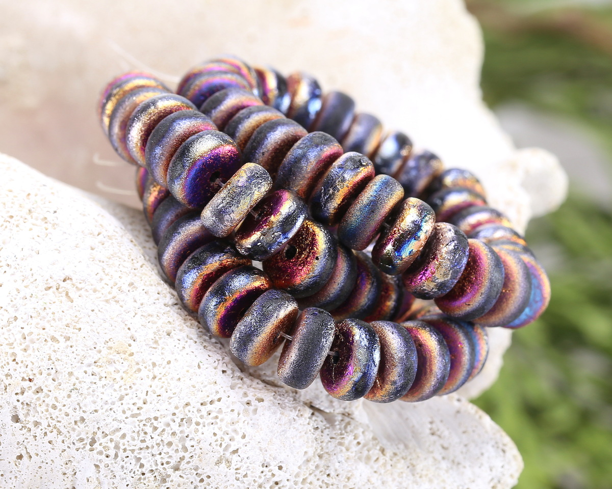 Czech Glass Textured Jet w/ Metallic Rainbow Heishi 4x8mm