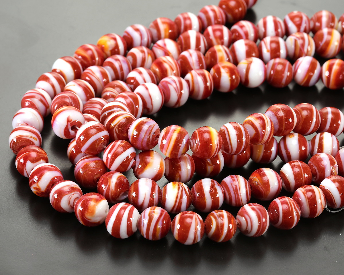 Brick Red & White Swirl Lampwork Glass Round 10mm
