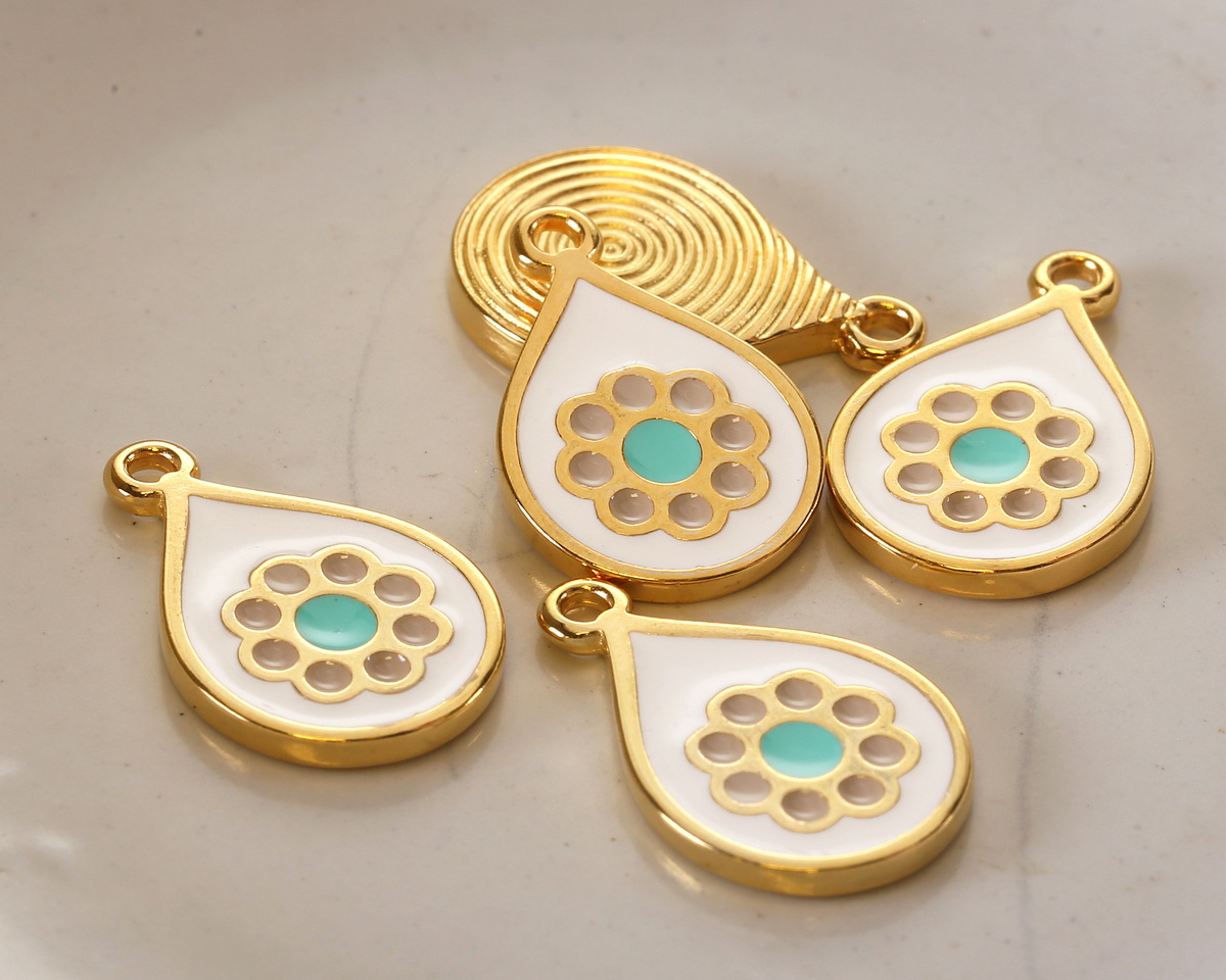 24K Gold (Plated) White & Sweet Mint Enamel w/ Flower Drop Focal 13x20mm