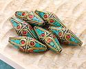 Nepalese Brass w/ Coral & Turquoise Mosaic Plumes Long Rice Bead 35-37x15-16mm