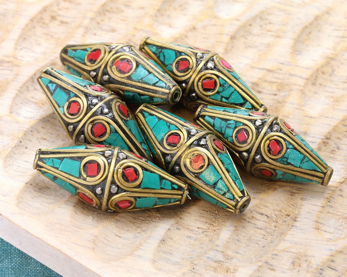 Nepalese Brass w/ Coral & Turquoise Mosaic Plumes Long Rice Bead 35-37x15-16mm