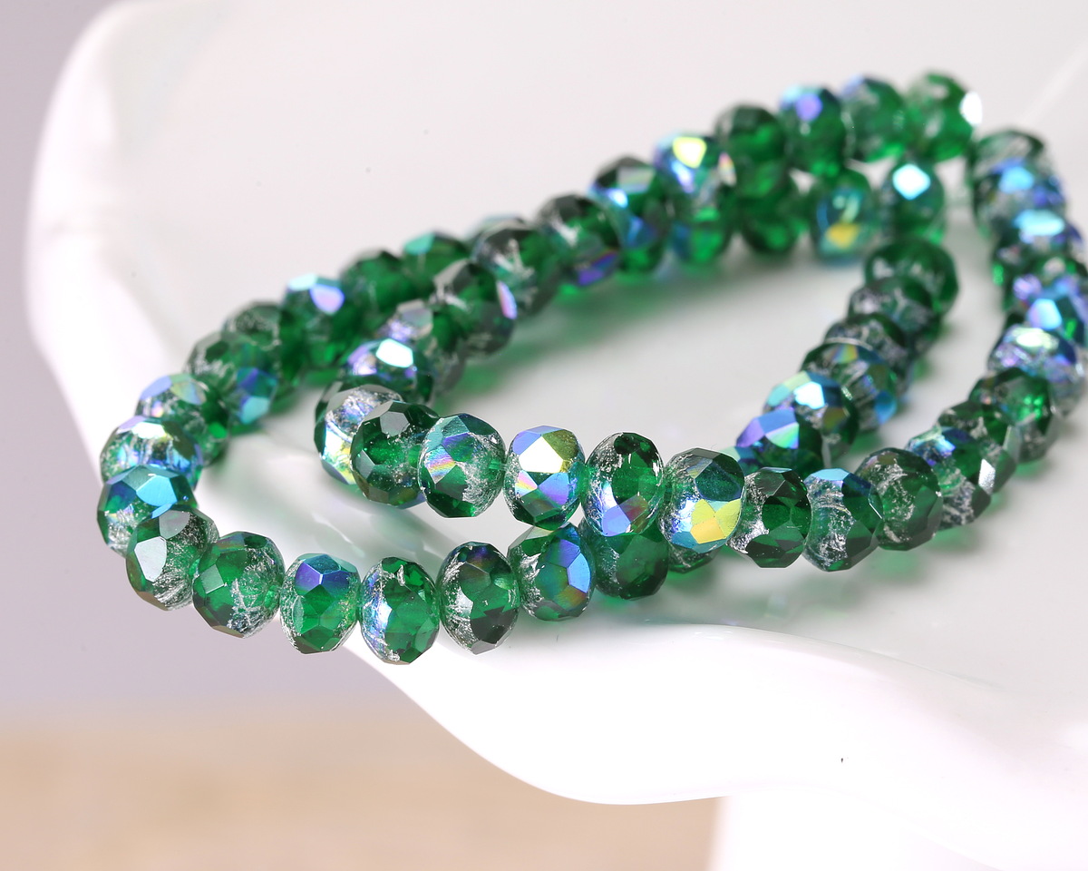 Czech Glass Emerald AB w/ Silver Rondelle 3x5mm