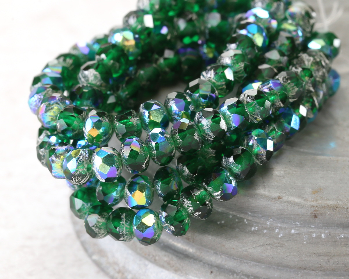 Czech Glass Emerald AB w/ Silver Rondelle 3x5mm