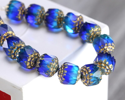 Czech Glass Mykonos Blue Picasso w/ Gold Lantern 8mm