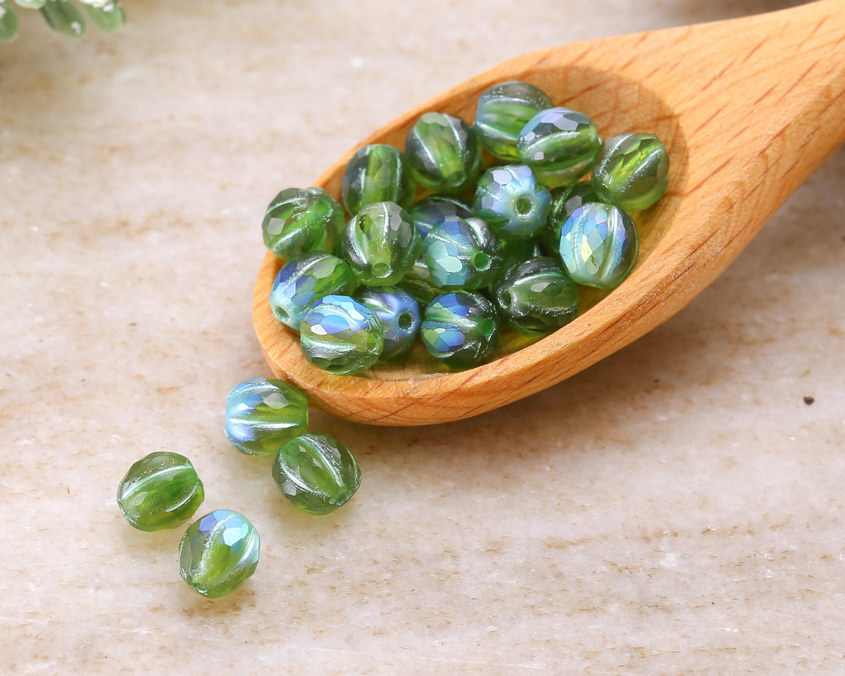 Czech Glass Matte Peridot AB w/ Metallic Green Faceted Melon Round 6mm