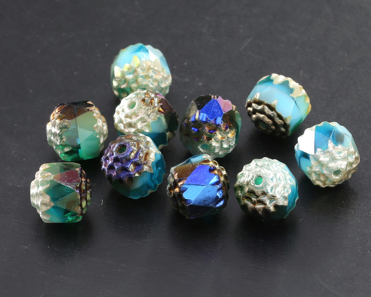 Czech Glass Aquamarine Waters w/ Antique Silver and Metallic Blue Lantern 8mm