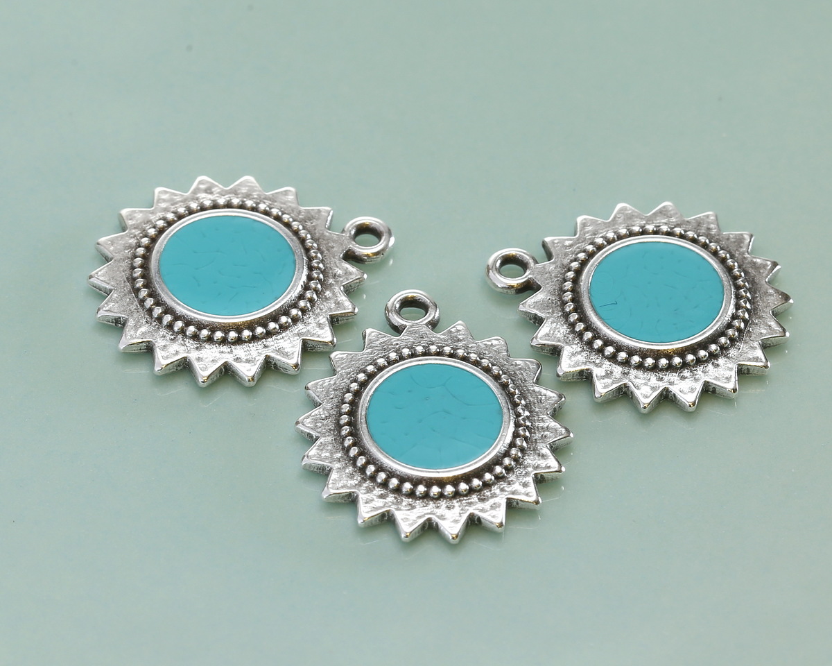 Antique Silver (plated) Turquoise Enamel Sun Focal 18x21mm