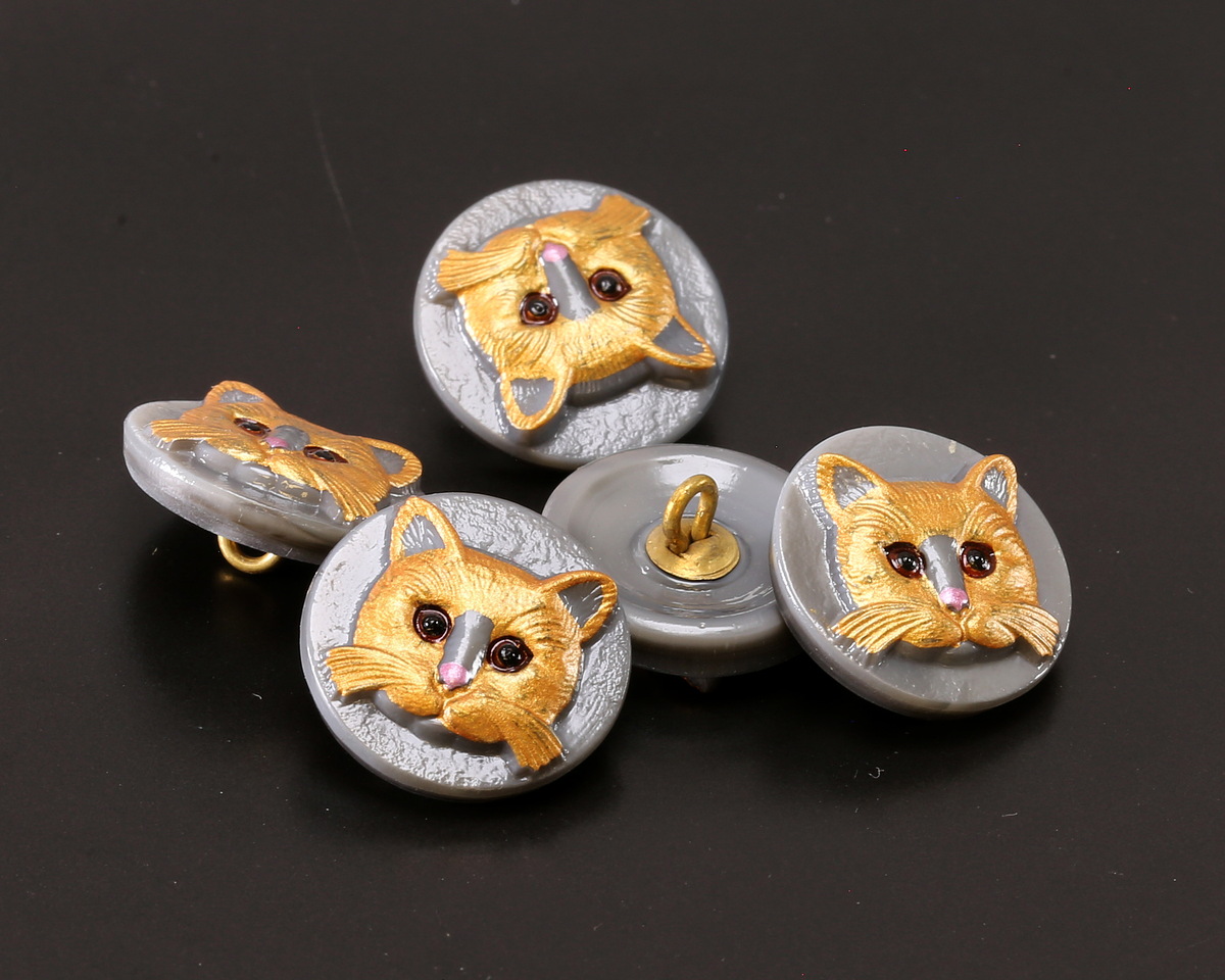 Czech Glass Grey w/ Hand Painted Orange Cat Face Button 18mm