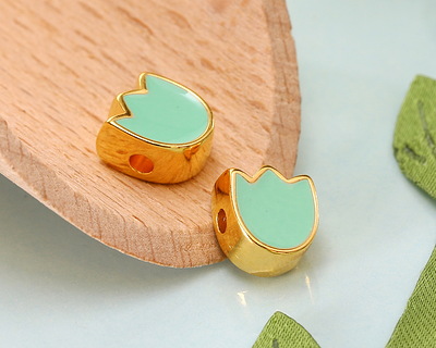 24K Gold (plated) Sweet Mint Enamel Tulip Bead 7.5x9mm