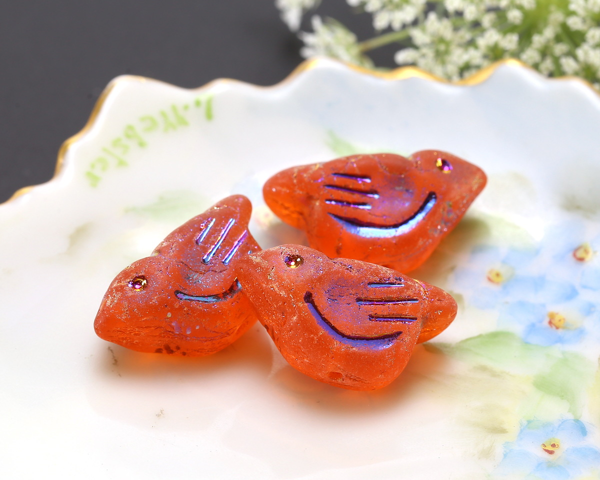 Czech Glass Matte Tangerine w/ Rainbow Metallic Bird 11x22mm