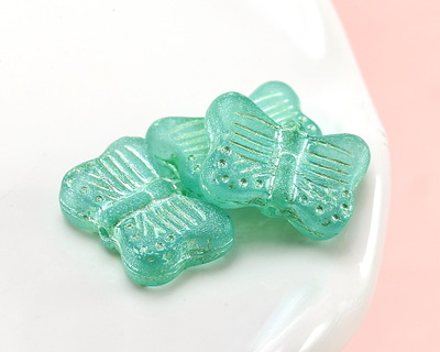 Czech Glass Matte Sea Green w/ Golden Iridescent Luster Butterfly 16x11mm