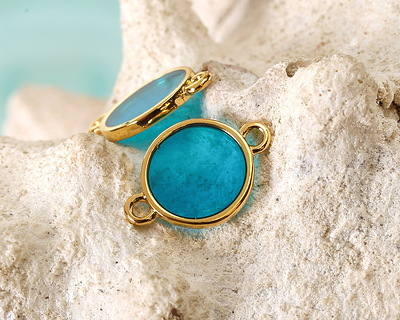 24K Gold (Plated) Transparent Turquoise Resin Round Focal Link 12x17mm