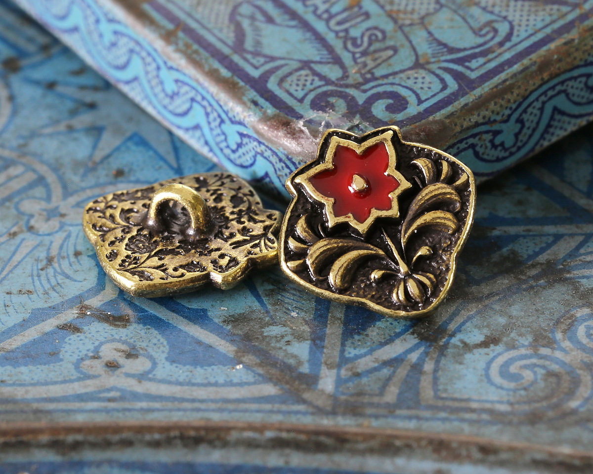 TierraCast Antique Brass (plated) Red Enamel Flower Square Button 14x15mm