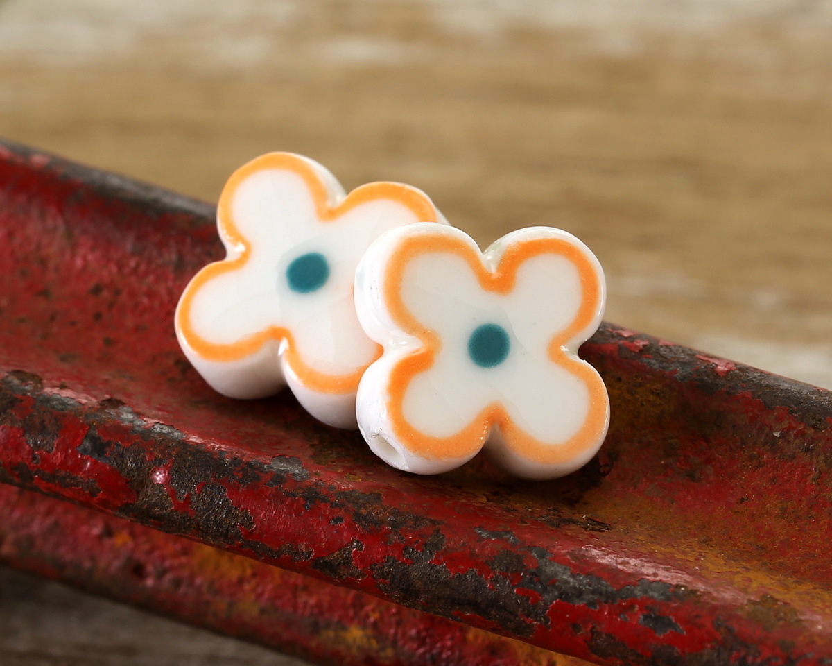 Orange Rimmed w/ Pacific Blue Dot Porcelain Flower 15mm