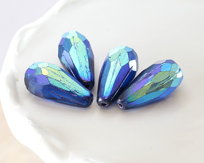 Czech Glass Matte Sapphire AB w/ Purple Faceted Melon Teardrop 23x11mm