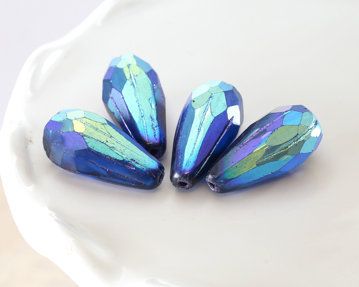 Czech Glass Matte Sapphire AB w/ Purple Faceted Melon Teardrop 23x11mm